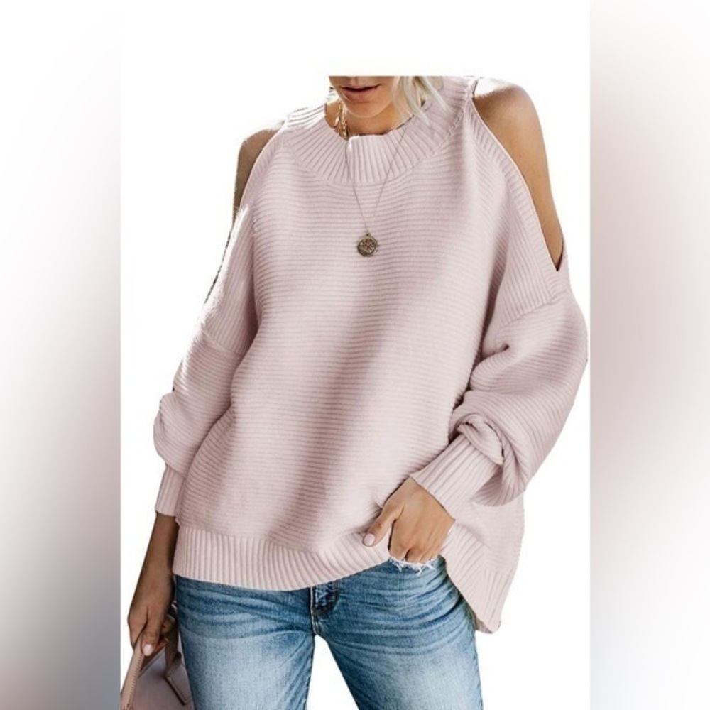 Soulomelody Oversized off the Shoulder Sweater Crewneck Knit. Pink. Large